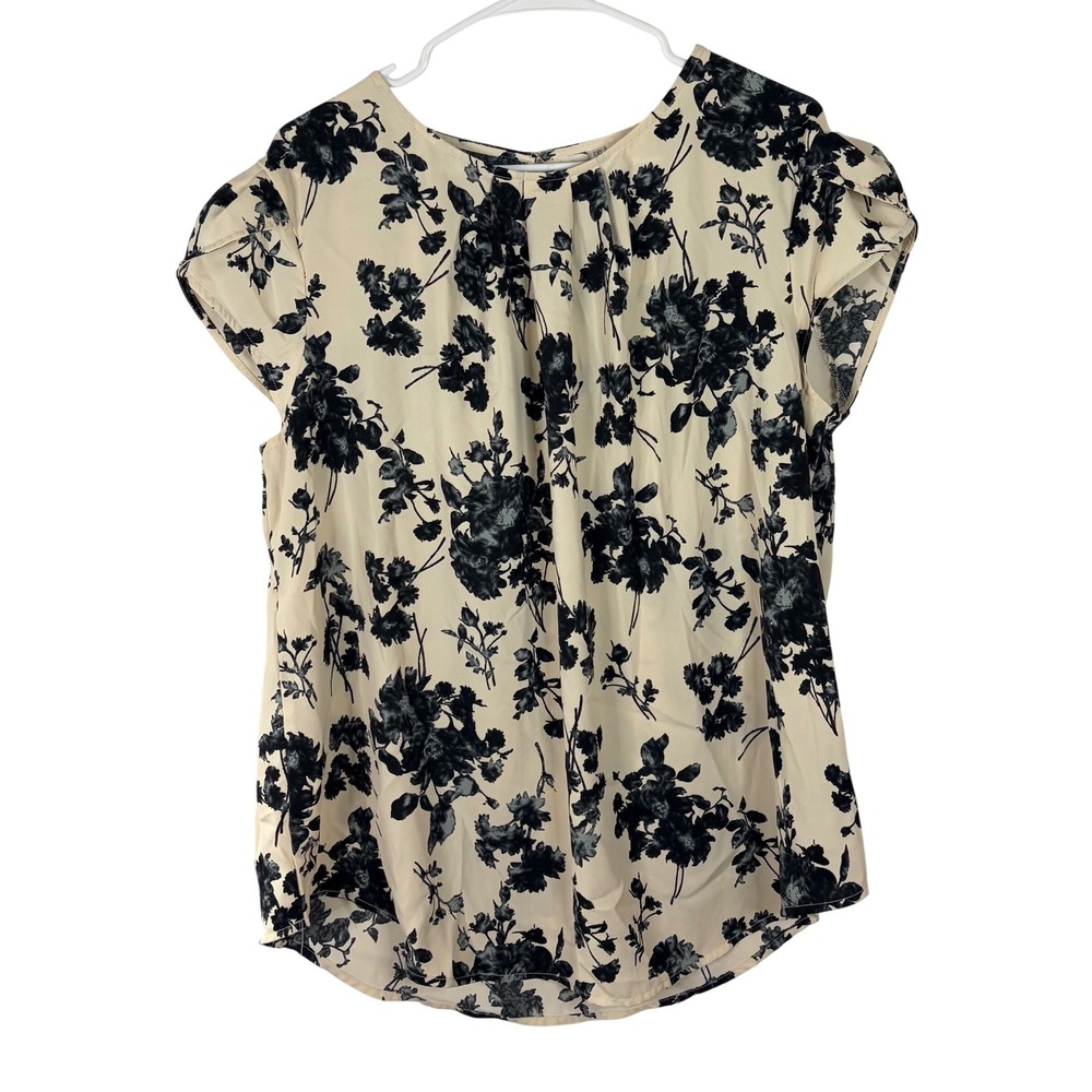Floral‎ Cap Sleeve Blouse Cream Black Pleated Neck Keyhole Back Womens 2XL